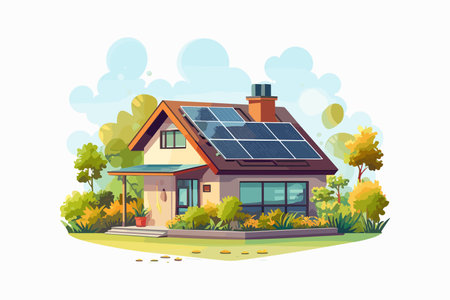 House with solar panels on roof. Eco friendly house with solar panels. Vector illustration.のイラスト素材