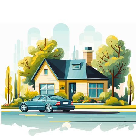 Vector illustration of a house on the street with trees, road and carsのイラスト素材