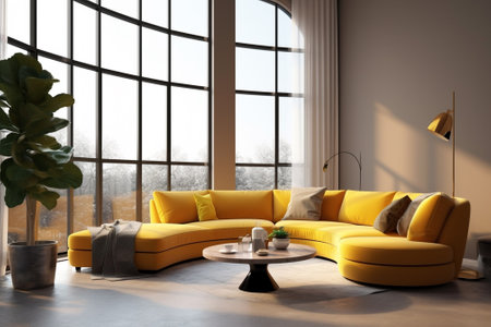 Interior of modern bright living room with yellow sofa 3D renderingの素材