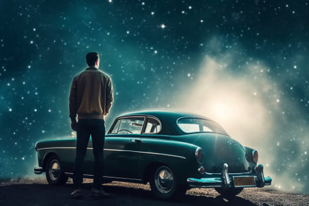 Rear view of man looking at old car on night sky backgroundの素材