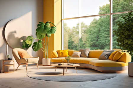 Interior of modern living room with yellow sofa, coffee table and plants. 3d renderの素材
