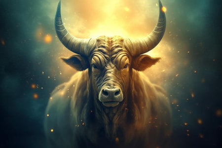 Portrait of a red bull with horns and smoke on the backgroundの素材