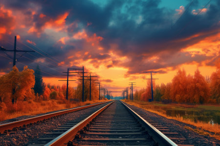 Railway at sunset. Railway tracks on a background of blue sky.の素材
