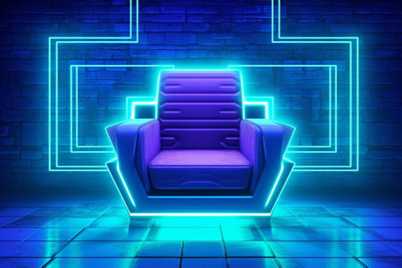 3d rendering of a neon chair in front of a blue brick wallの素材