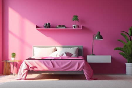 Pink bedroom interior with pink walls and floor, 3d render.の素材