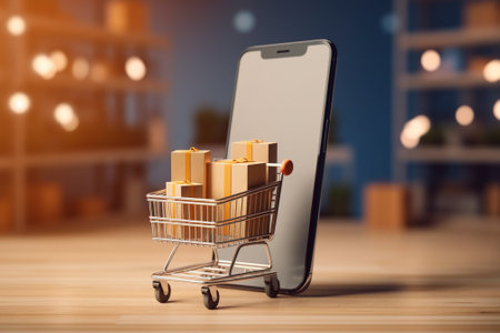 Smartphone with shopping cart and gift boxes. Online shopping concept. 3D Renderingの素材