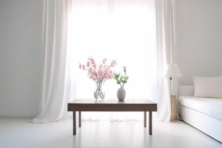 Interior of modern bedroom with white walls and wooden table with vase of flowersの素材