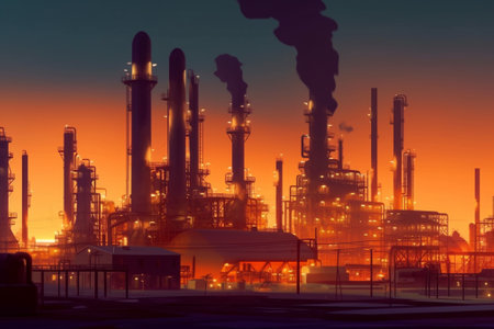 Refinery plant at sunset. Industrial landscape. 3d illustration.の素材