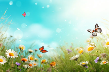 Summer meadow with daisies and butterfly. Nature background.の素材