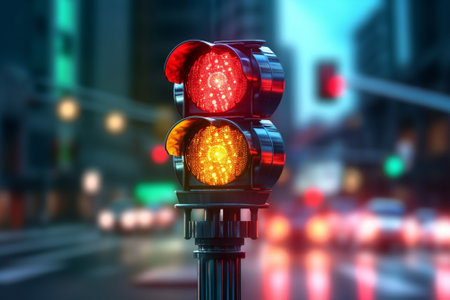 Traffic light on the road in the city. 3d renderingの素材