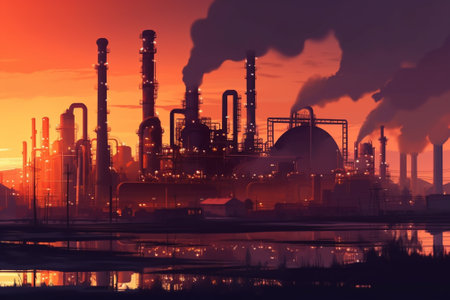 Oil refinery at sunset with reflection in the water, 3d renderの素材