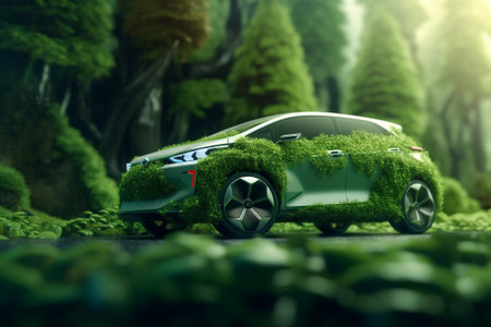 Green car in the forest. 3D render. Concept of eco car.の素材