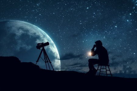 Silhouette of a man sitting on a ladder and looking at the starry night skyの素材