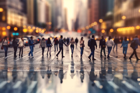 People walking on the street in the evening. Blurred background.の素材