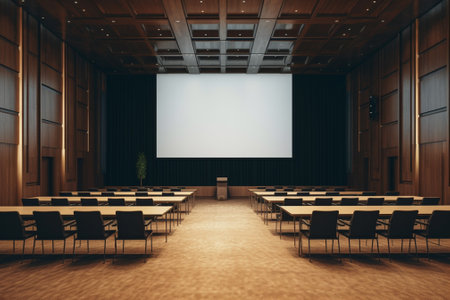 Interior of modern conference hall with empty white poster on the wall. Mock up, 3D Renderingの素材