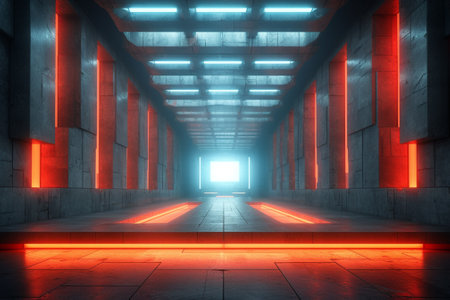3d rendering. Futuristic corridor with glowing neon lights. Sci-fi interiorの素材
