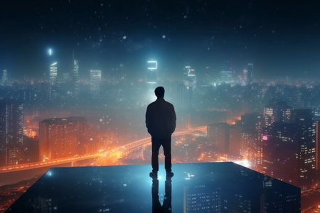 Businessman standing on top of skyscraper with night city view and copy spaceの素材