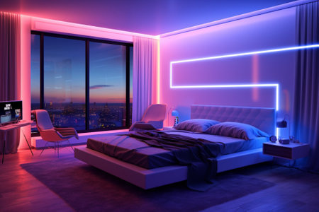 3d rendering of a modern bedroom with blue and purple led lightsの素材