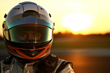 Closeup of a race driver's helmet on the background of the sunsetの素材
