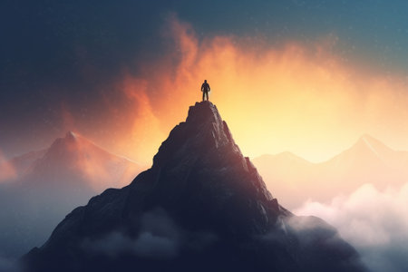 Man standing on top of a mountain and looking to the horizon.の素材
