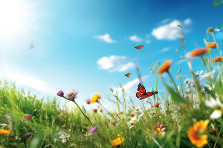 Summer meadow with flowers and butterfly. Nature background. Copy space.の素材