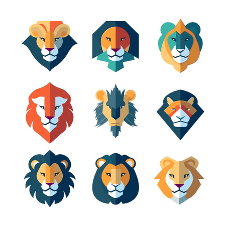 Lion head icons set. Vector illustration in flat design style.のイラスト素材