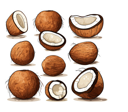Coconuts set isolated on white background. Hand drawn vector illustration.のイラスト素材