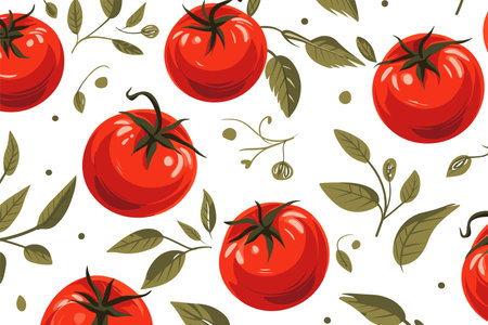 Seamless pattern with fresh tomatoes and leaves on white background. Vector illustration.のイラスト素材
