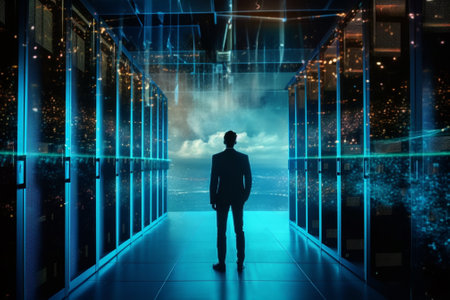 Back view of businessman looking at night cityscape. 3D Renderingの素材