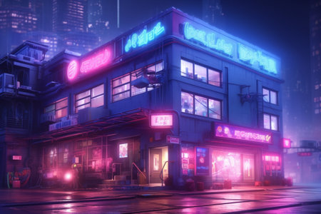 Night view of a night club with neon lights in the city.の素材