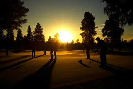 Silhouette of golfers playing golf on a golf course at sunsetの素材