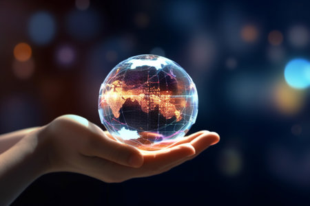 Hands holding a glowing globe on dark background. 3d renderingの素材