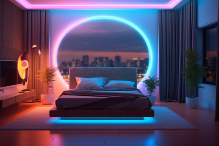 Bedroom interior in neon light. 3D rendering. Evening.の素材