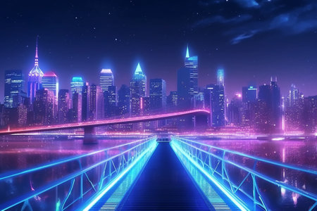Futuristic city at night in the light of neon. 3d renderingの素材