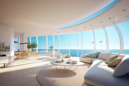 3d rendering luxury living room and terrace with sea view backgroundの素材