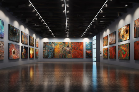 3d rendering of modern art gallery interior with paintings on the wallの素材
