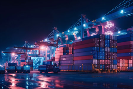 Cargo port with container cargo freight ship at night for Logistic Import Export backgroundの素材