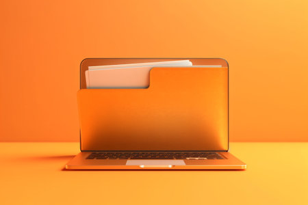 Laptop with a folder on a orange background. 3d renderingの素材