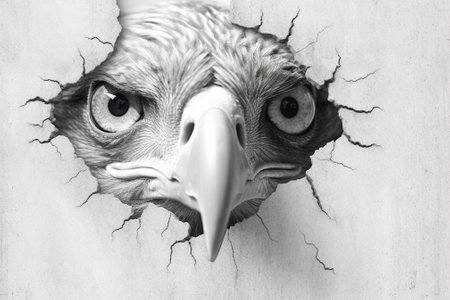 Black and white portrait of an eagle looking through a hole in a wallの素材