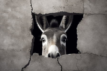 Donkey peeking through a hole in the wall. 3d renderingの素材