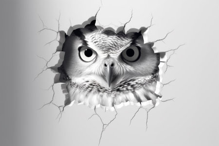 Owl looking through a hole in a wall in black and whiteの素材