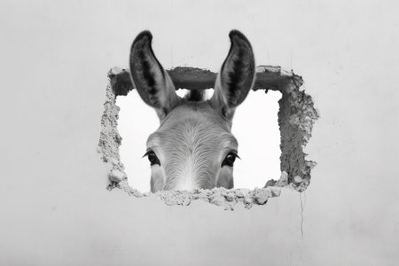 Donkey peeking through a hole in the wall, black and whiteの素材
