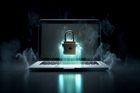 Cyber security concept with closed padlock on laptop screen 3D renderingの素材