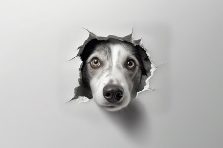 Funny portrait of cute smilling puppy dog border collie looking through hole in white paper. Pet care and animals concept.の素材