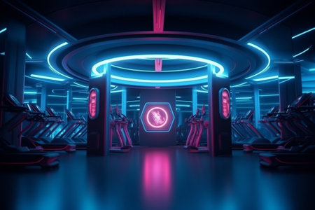 Futuristic gym interior with equipment and neon lights. 3D Renderingの素材