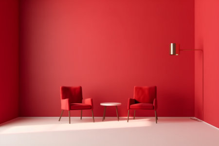 Interior of modern living room with red walls, white floor and red armchairs. 3d renderingの素材
