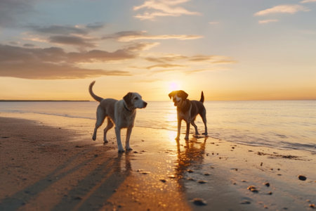 Golden retriever and labrador retriever walking on the beach at sunsetの素材