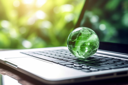 Globe and laptop on wooden table with green nature bokeh backgroundの素材