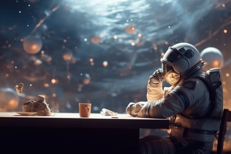 Astronaut sitting at the table in the dark space and dreaming.の素材