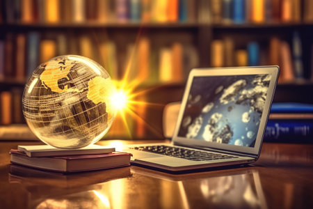 Laptop and books on the table in the library with a globeの素材